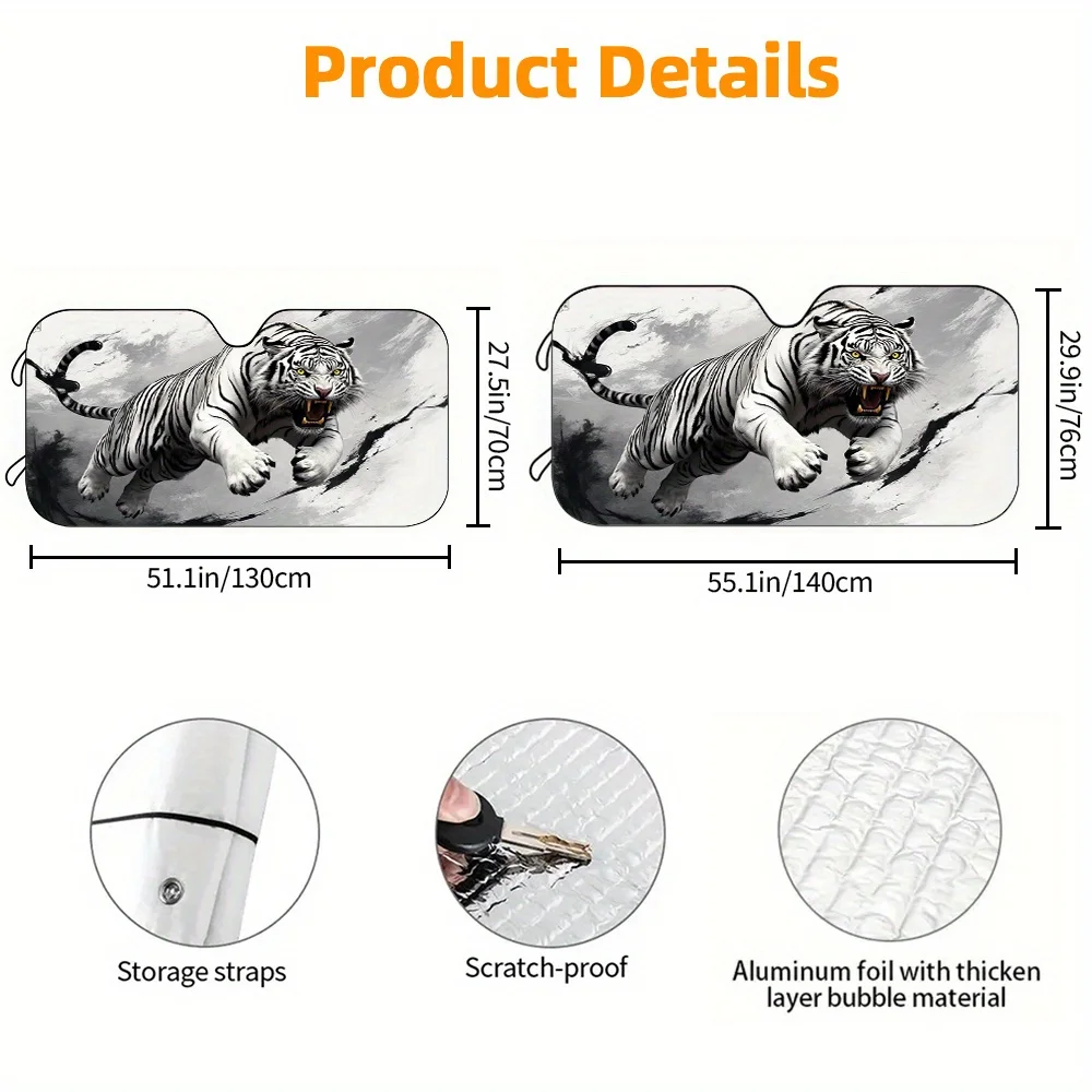1pc Car Sunshade, Ink Wash White Galloping Tiger Car Sun Visor, Front Windshield Sunshade, HD Printed Sunshade, Blocks Sunlight,