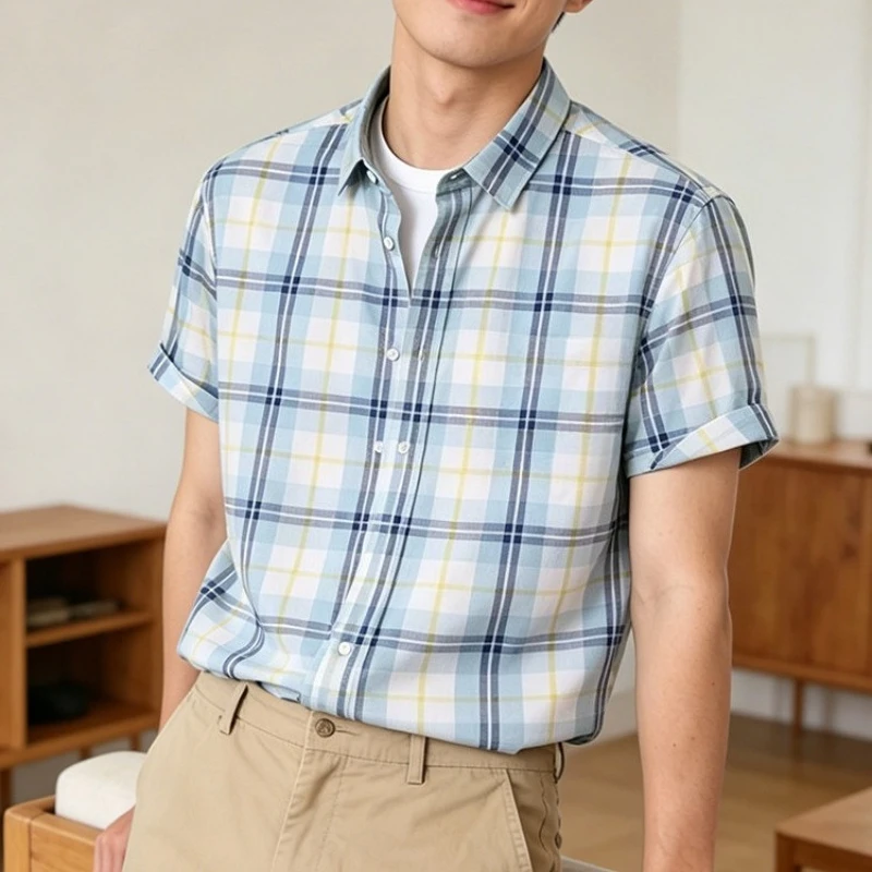Summer Men's Simple Check 3D Short-Sleeved Shirt - Street Casual Fashion, Quick-Drying and Breathable Short Sleeve Shirt