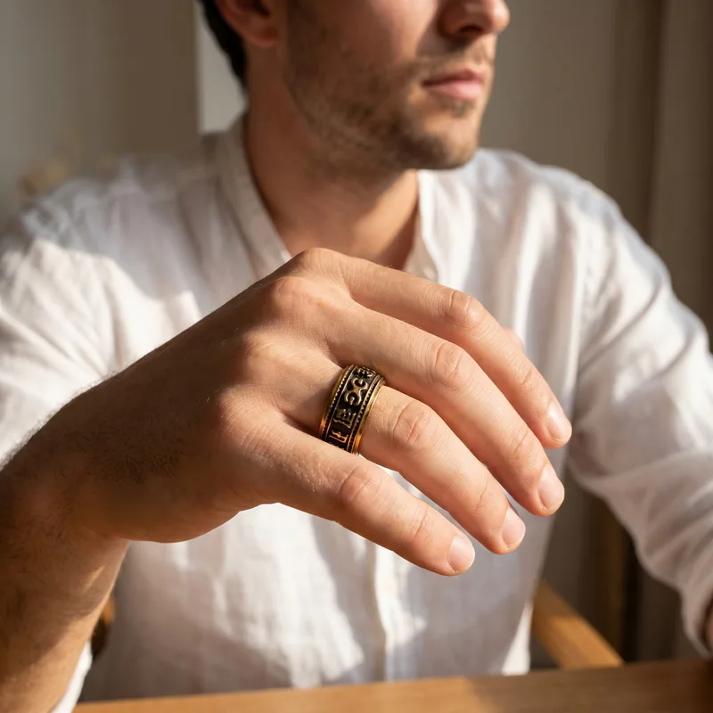 KALEN Lässige Herrenringe aus Edelstahl, Sanskrit-Rune-inspiriert, Vintage-Ring, Fingerschmuck, Modeschmuck, Partygeschenke – Detail 3