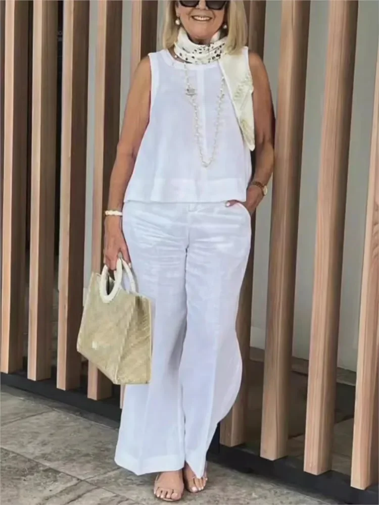 

Elegant Cotton Linen Pants Sets Women's Suits Summer Sleeveless Loose Blouse Wide Leg Pants 2 Piece Set For Women Casual Outfits
