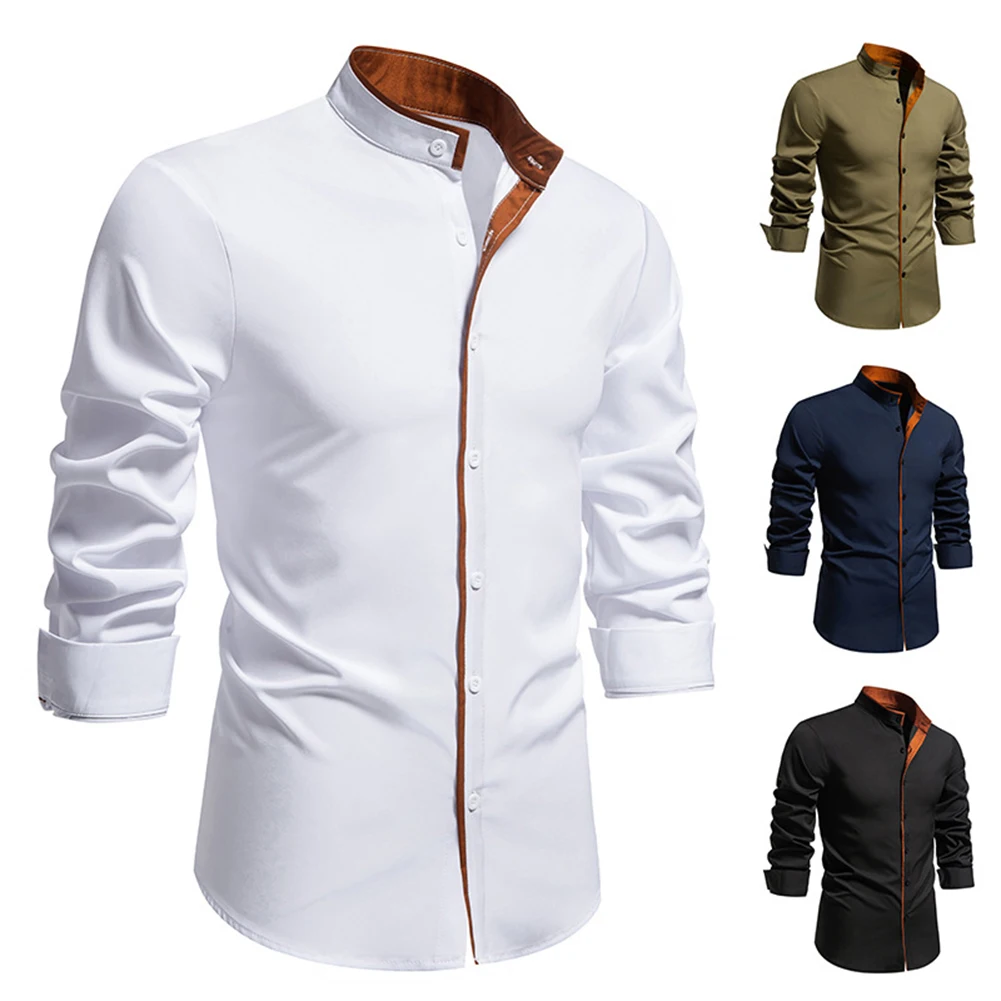 

Men Spring Autumn Color Patchwork Long Sleeve Button Shirt Fashion Business Top Streetwear Stand Collar