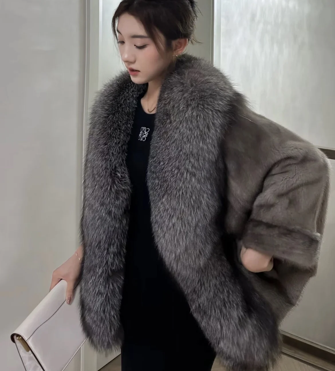 Fashion real fur oversized fox fur mink fur jacket loose cape