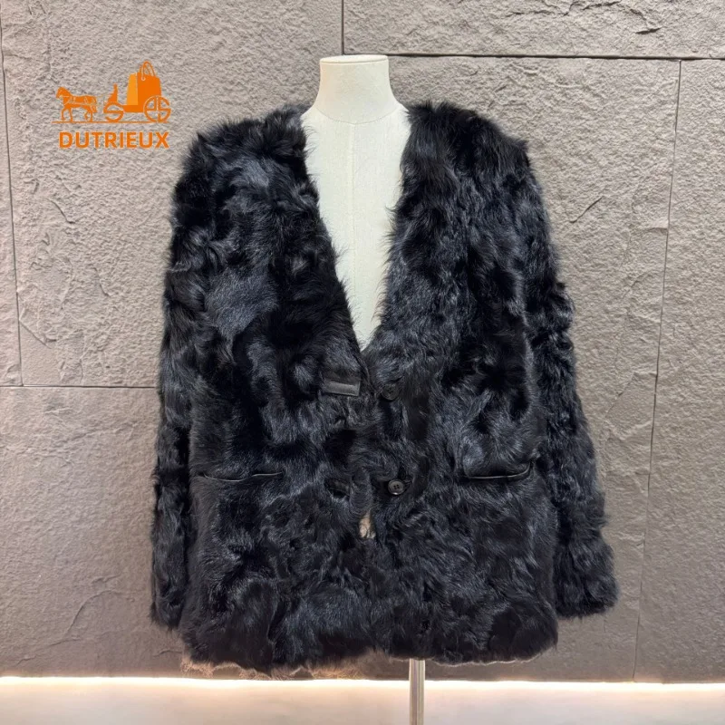 

2025 New Winter V-neck Genuine Wool Fur Coat for Women, 100% Real Wool, Warm Party Holiday Real Fur Jacket for Women