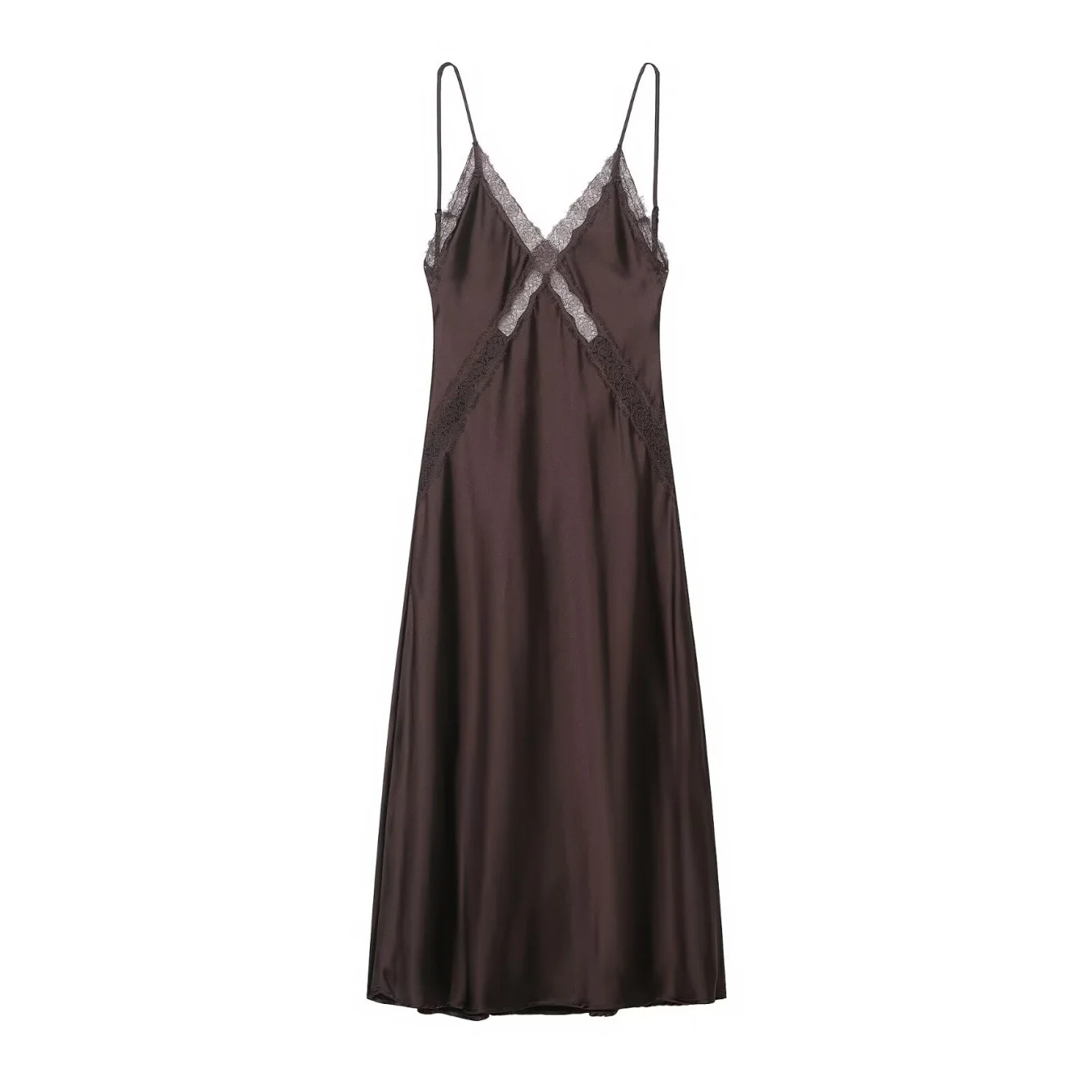 Abito patchwork in pizzo da donna Elegante abito midi in raso di seta Abito lungo slim fit a vita alta femminile Abito con cinturino per spaghetti