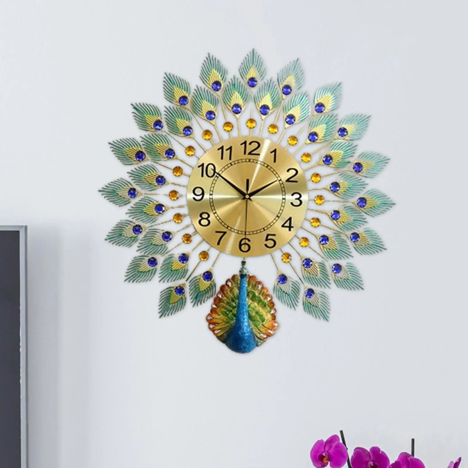 Designer Wall Clock Modern Peacock Shape Metal Silent Decorative Wall Timepiece for Bedroom Study Office