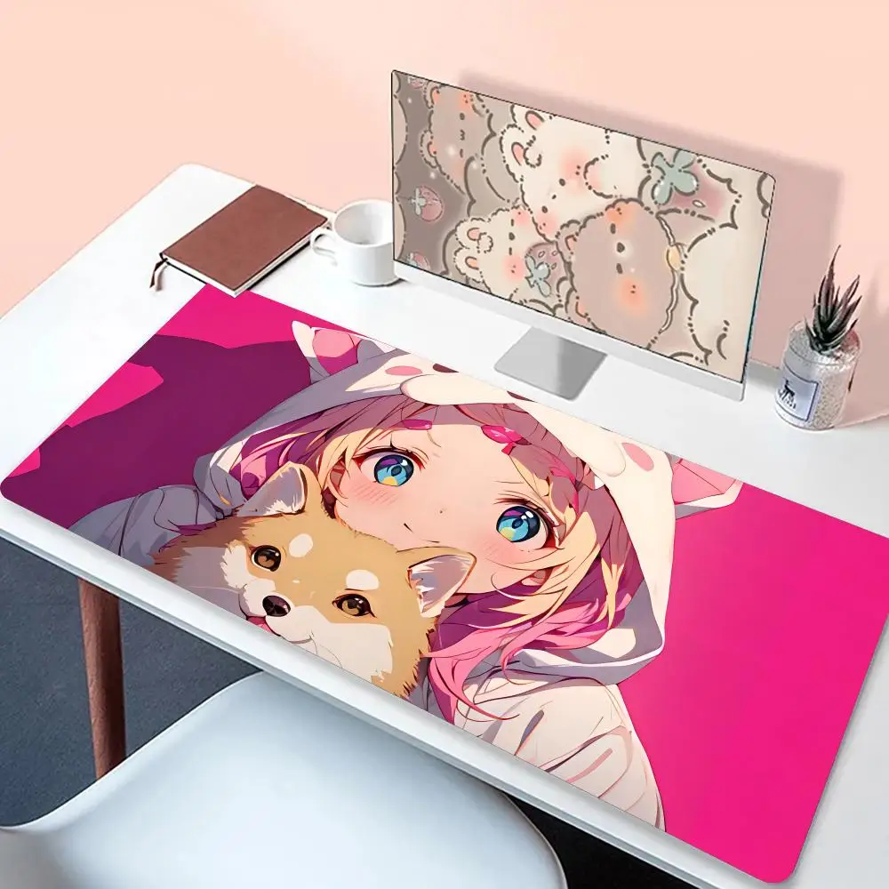 

Girls with dog mouse pad gamer computer accessories keyboard desk mats pink mouse pad company gaming laptop desk accessories PC