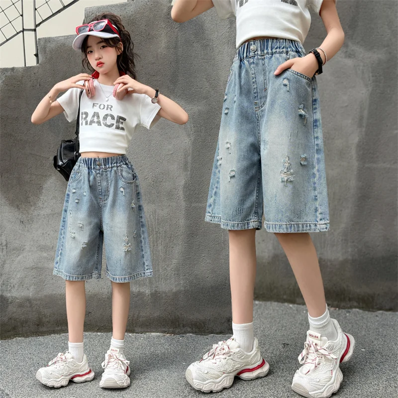 Kids Child Summer Retro Ripped Worn Through Knee-Length Shorts for Tweens Girls Goth Hip Hop Pocket High Waist Thin Capris Pants