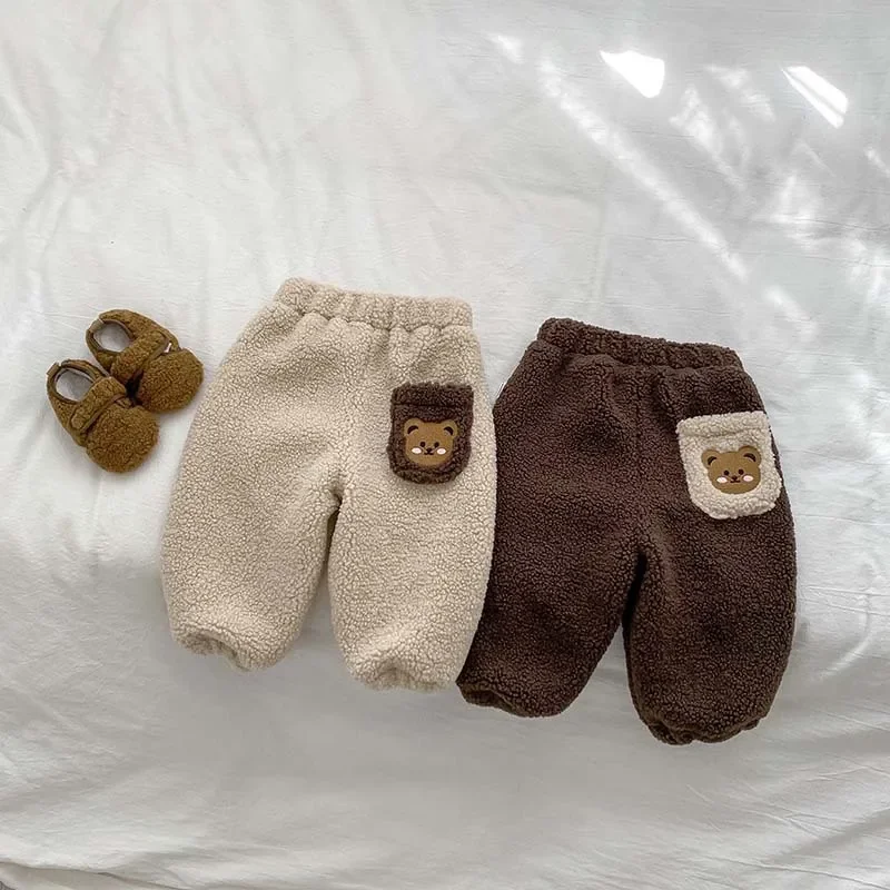 Winter Plush Thicken Warm Baby Pants Cute Bear 2023 Korean Toddler Plush Pants Double Layered Newborn Thick Outer Wear