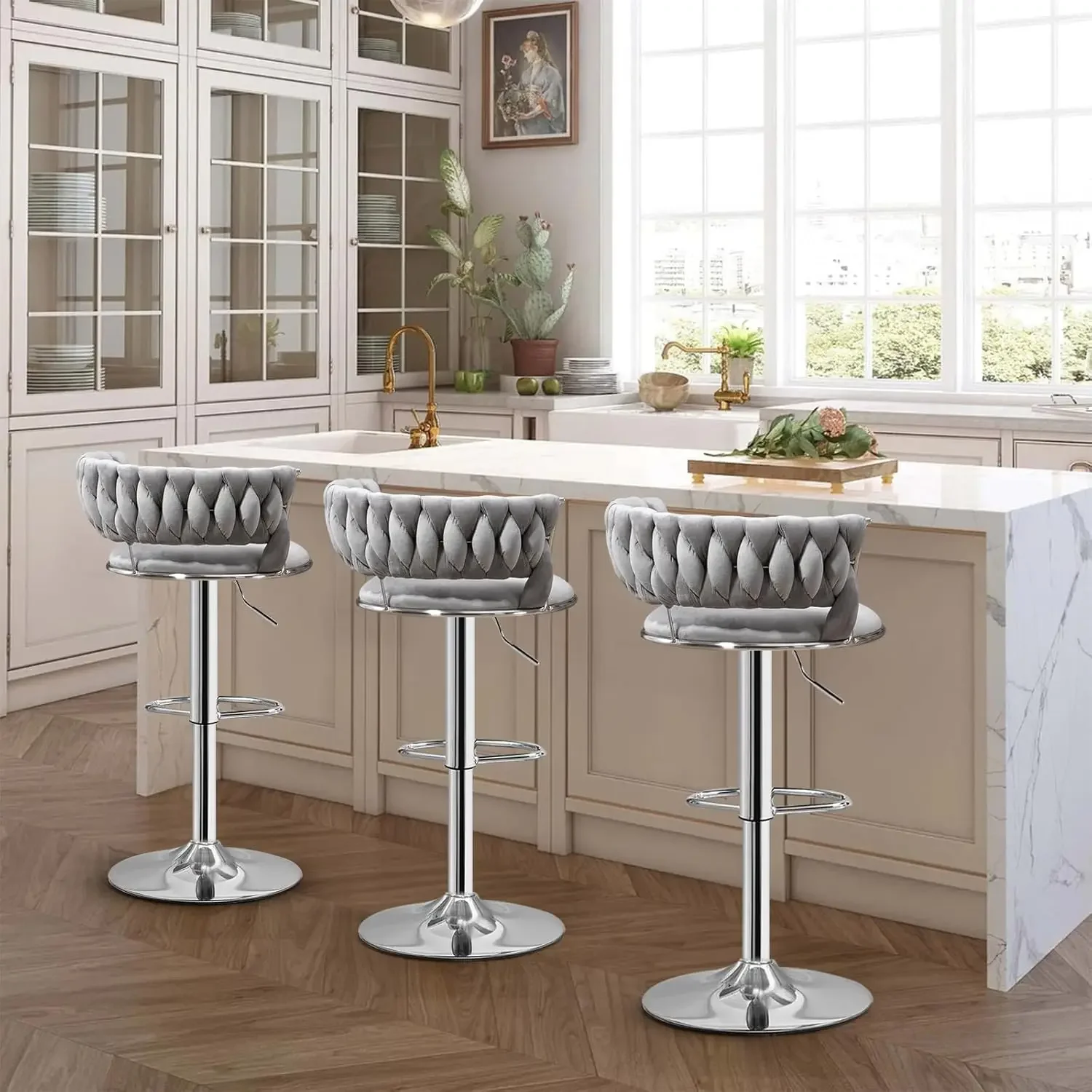 Gray Bar Stools Set of 3, Modern 360° Swivel Barstools with Silver Base, Velvet Bar Chairs Kitchen Stool Island, Seat Height Adj