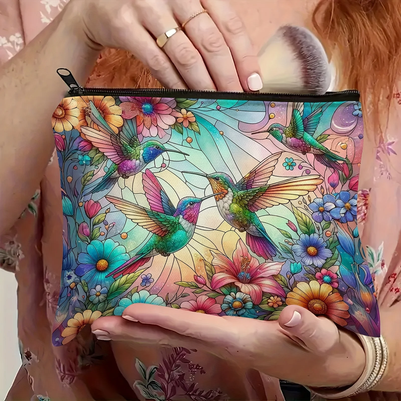 Women's & Men's Hummingbird Floral Cosmetic Bag - Multicolor Pink Blue Green Turquoise Golden Durable Polyester Makeup Pouch