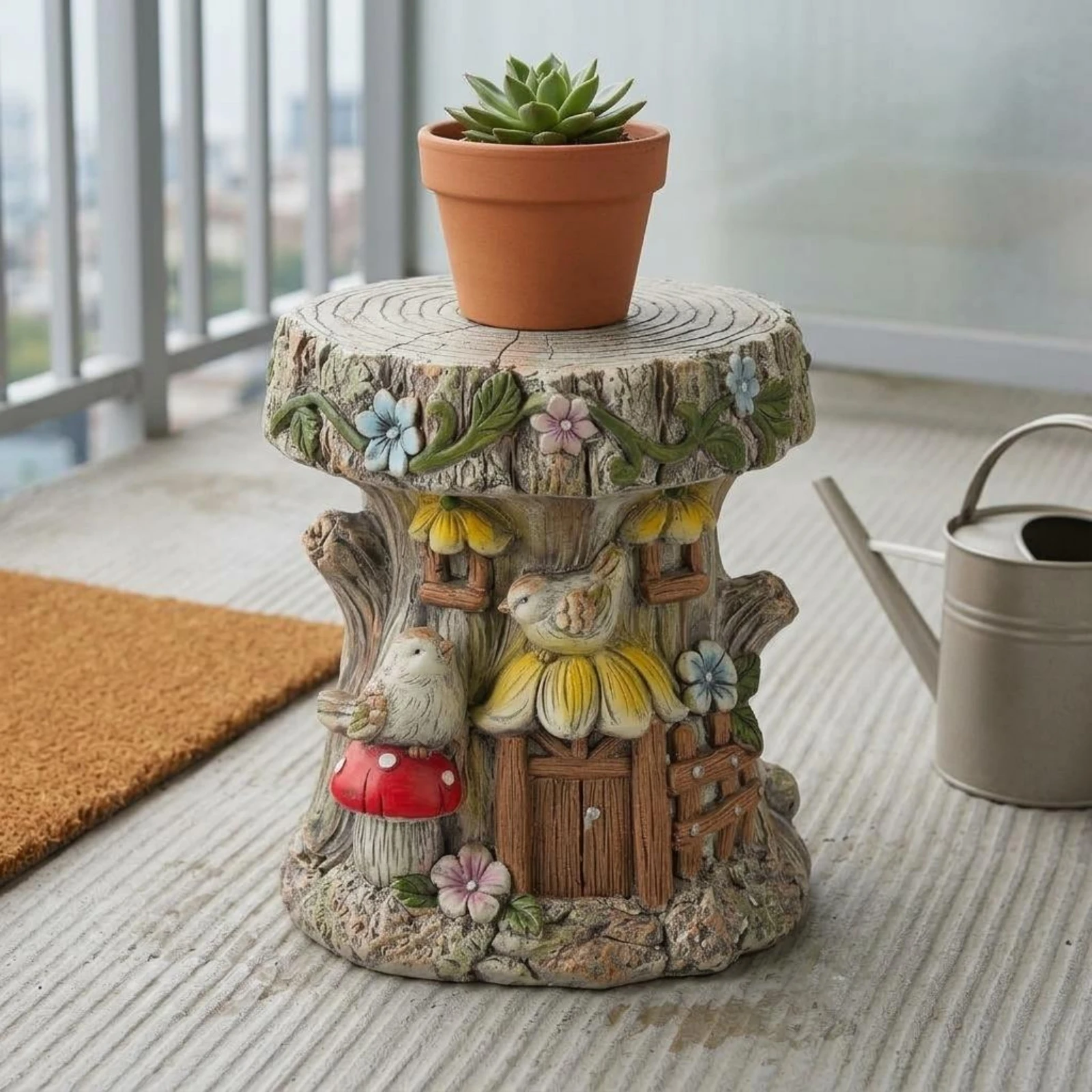 Creature Stump Stool Multi-Use Tree Stump Garden Stool Decorative Seat Resin Look Outdoor Decor Handcrafted Details for Patio