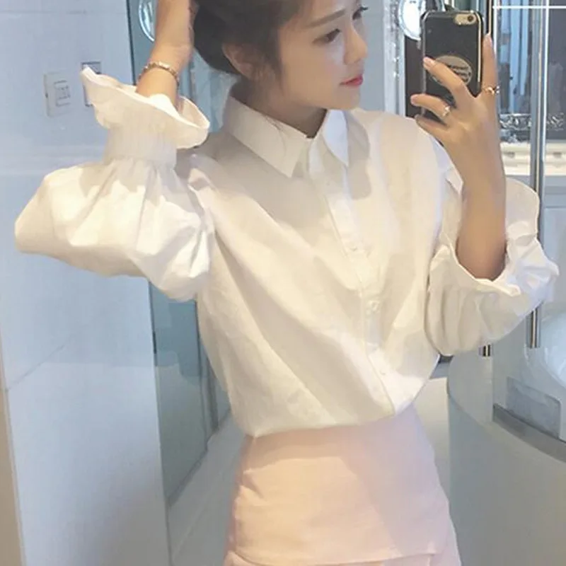 White Loose Korean Women Clothing Shirt Tops Long Sleeve Polo Neck Solid Color Blouse Spring Autumn New Preppy Style Fashion