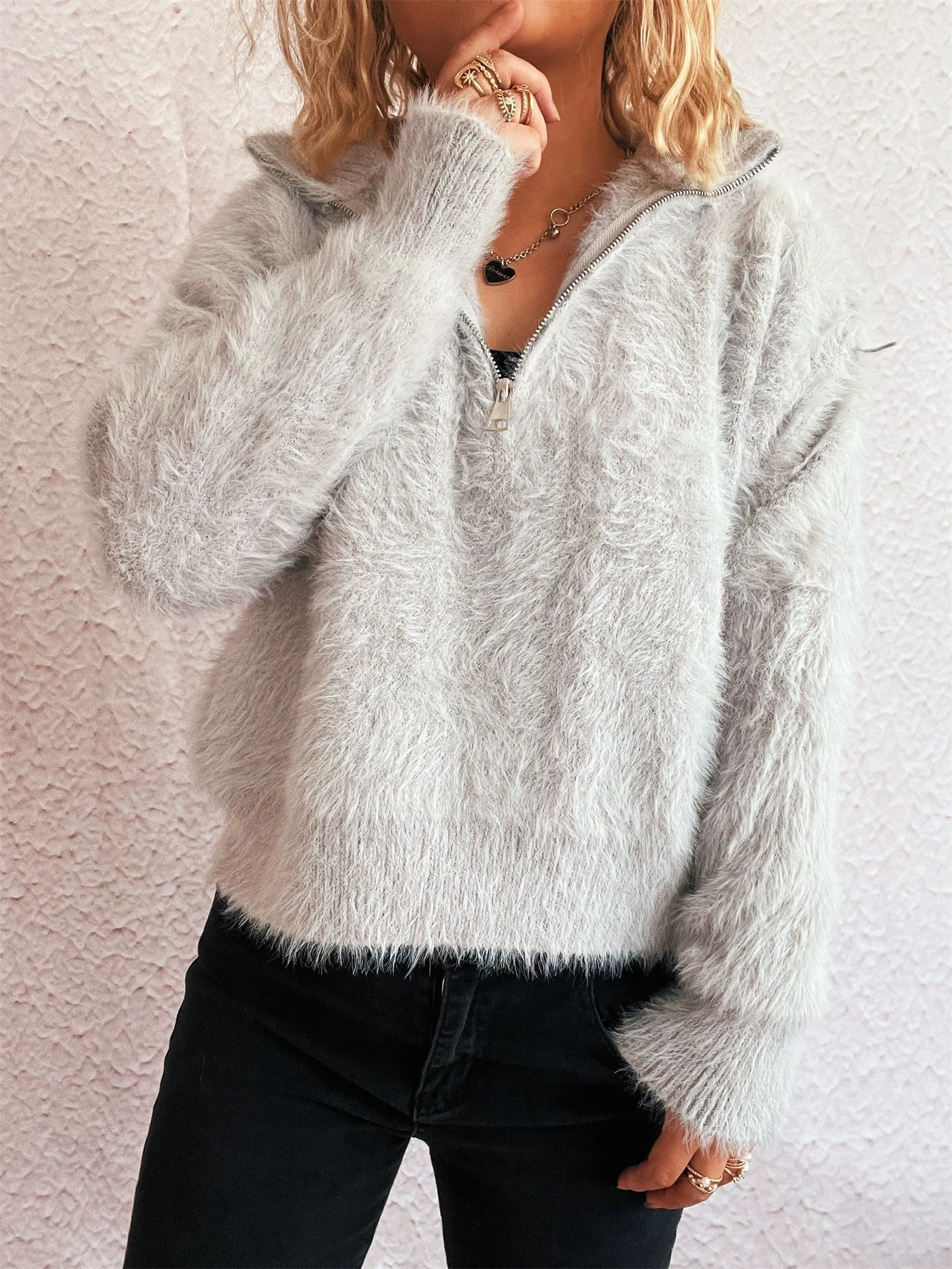 Solid color short casual elegant lapel half zipper knitted top commuting fashionable women's sweater