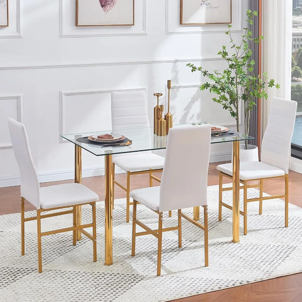 5 Piece Rectangular Glass Dining Room Set Gold for 4, Tempered Glass Kitchen Table with 4 Faux Leather Chairs Set