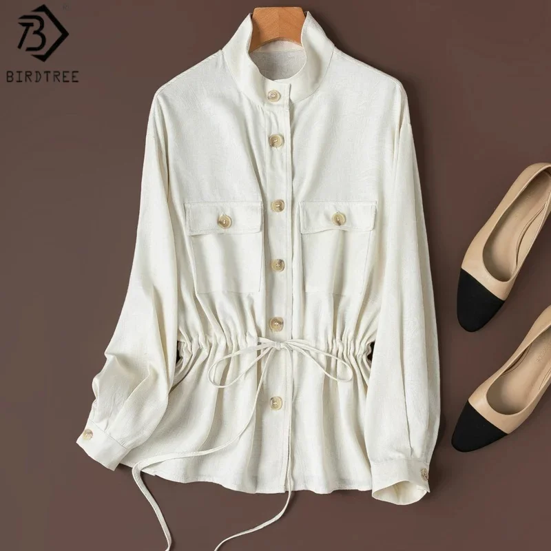 

Birdtree, 100% Silk Jacquard Workwear Shirt, Stand Collar White Shirt, Women Spun Silk Full Sleeve Cinch Tops, 2026 New T65029JF