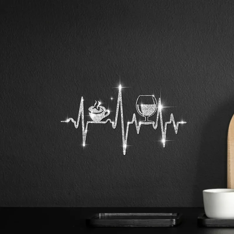Sparkling Coffee and Wine Heartbeat Wall Stickers Set Self Adhesive Detachable Fun Kitchen and Bar Home Decor