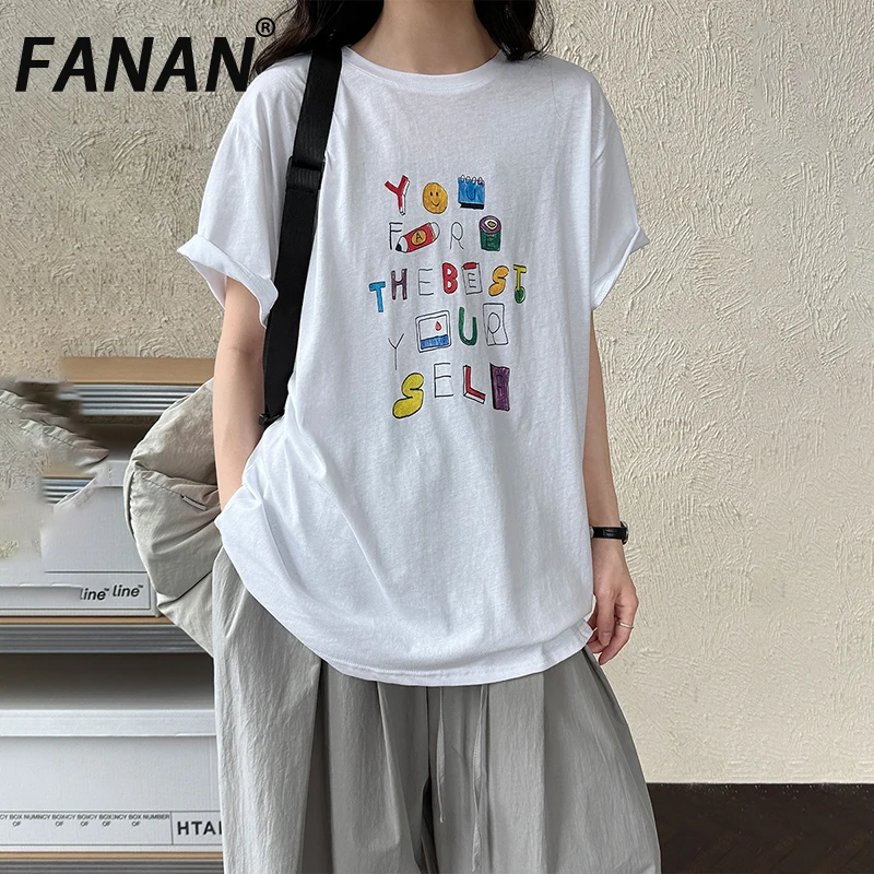 

FANAN Fashion Print Contrast Color T-shirt For Women Round Neck Short Sleeve Minimalism Female Tops Casual 2025 Summer New