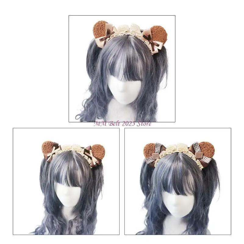 

49ME Bear Ears Headband Cosplay Animal Lace Bows Hair Hoop Accessory
