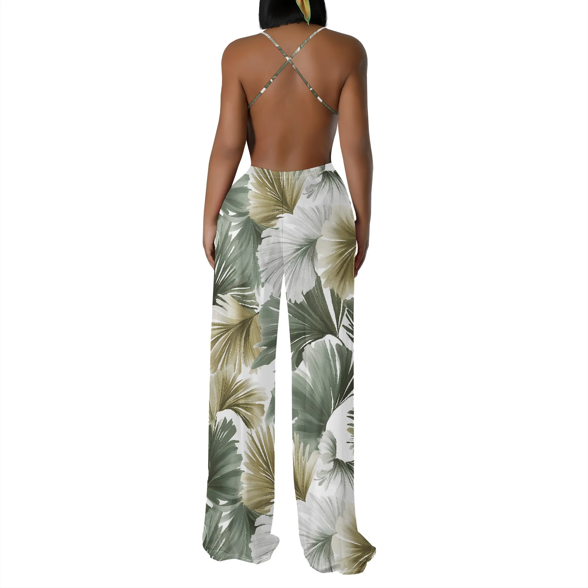 Summer Sleeveless Wide Leg Jumpsuit Women's Green Leaf Print Deep V Neck Spaghetti Strap Casual Beachwear
