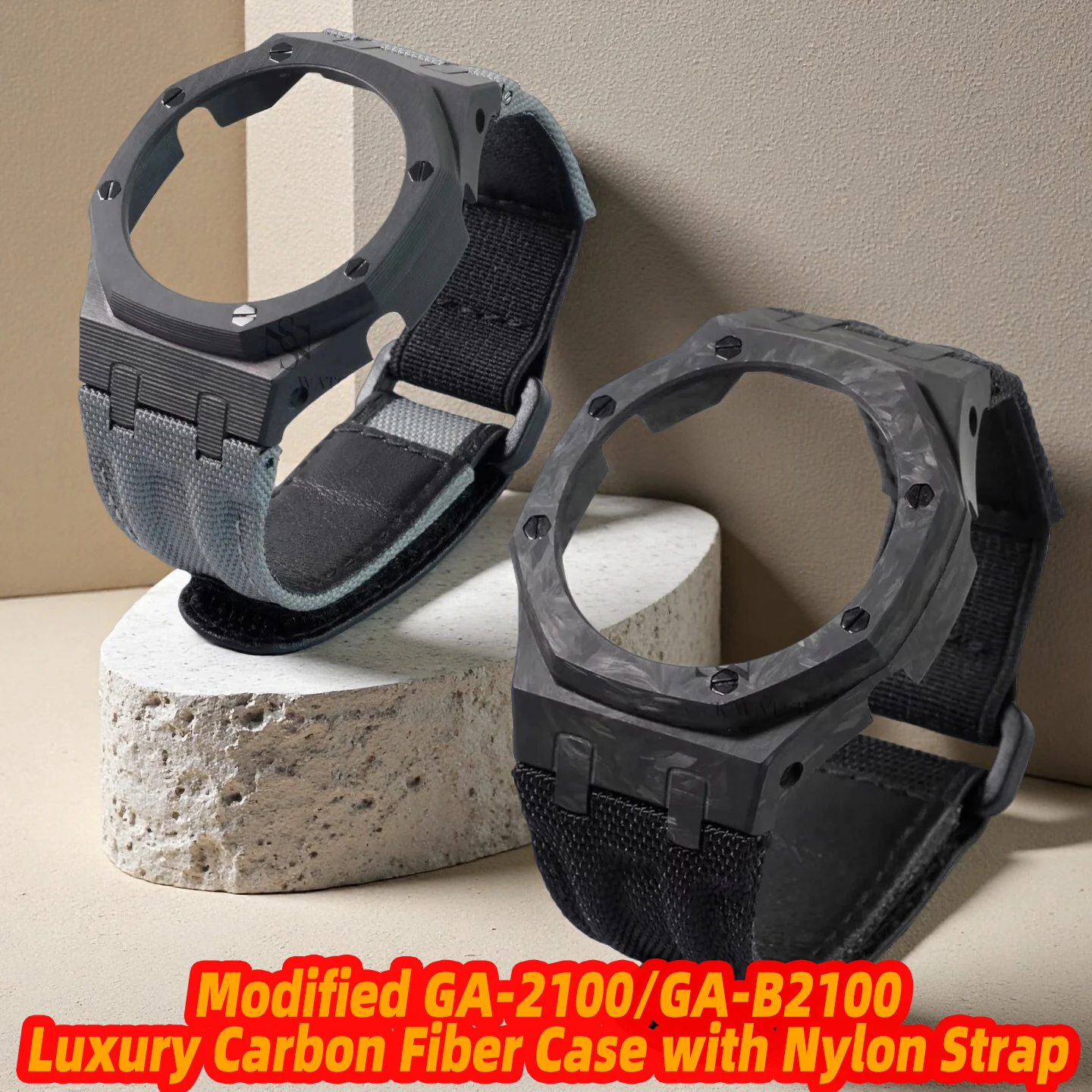 For Casio G-Shock Oak Series GA-2100/GA-B2100/GM-2100/GBM2100 Luxury Carbon Fiber Case Modification with Nylon Canvas Strap