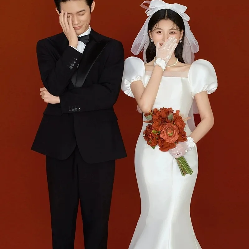 

Korean Light Wedding Dresses Square Collar Short Sleeve Satin Temperament Simple White Slim Fishtail Formal Dress Women Elegant