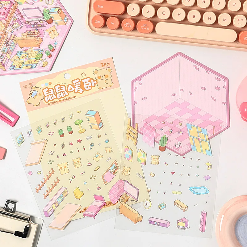 3D Landscape Sticker Cartoon DIY Pocket Cabin Scene Stacking And Pasting Hand Account Stationery Gift For Kid Child Student