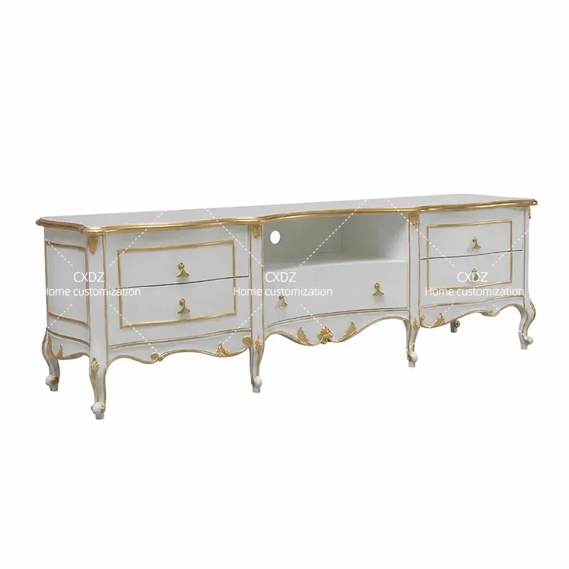 European Light Luxury Solid Wood Gold Painted TV Cabinet French Engraved Audio Visual Cabinet Villa Living Room Practical