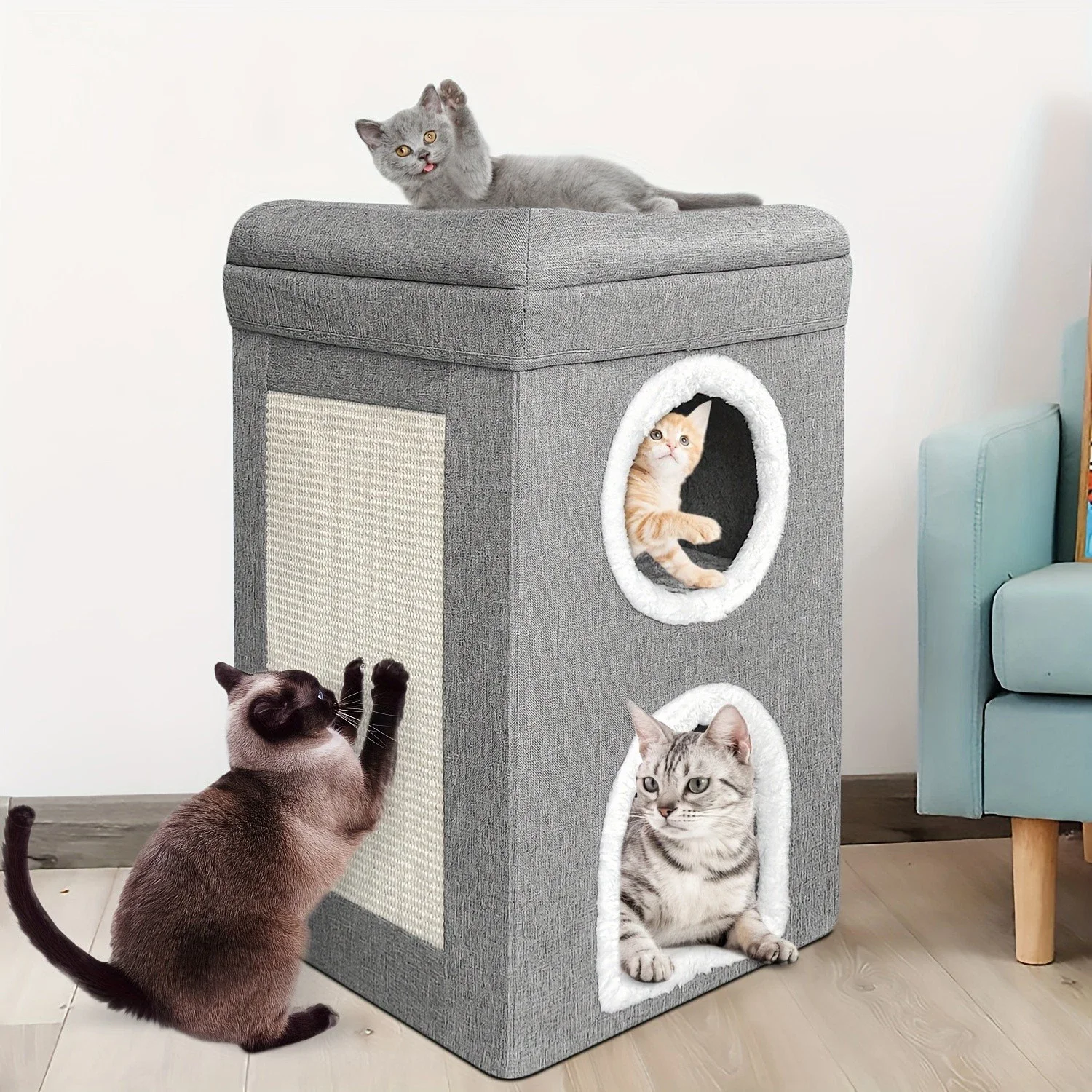 2025 Casa grande para gatos, cama acogedora, 2 capas, cueva para gatos, juguete colgante, gatos de interior, Condo, cojín suave peludo, almohadilla para rascar, gris