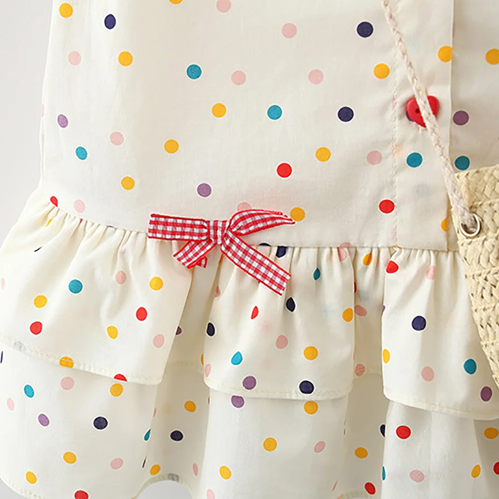 Summer New Girls Dress Lace Pleated Cake Layer Color Polka Dots + Free Diagonal Pouch Sleeveless Sweet Princess Dress