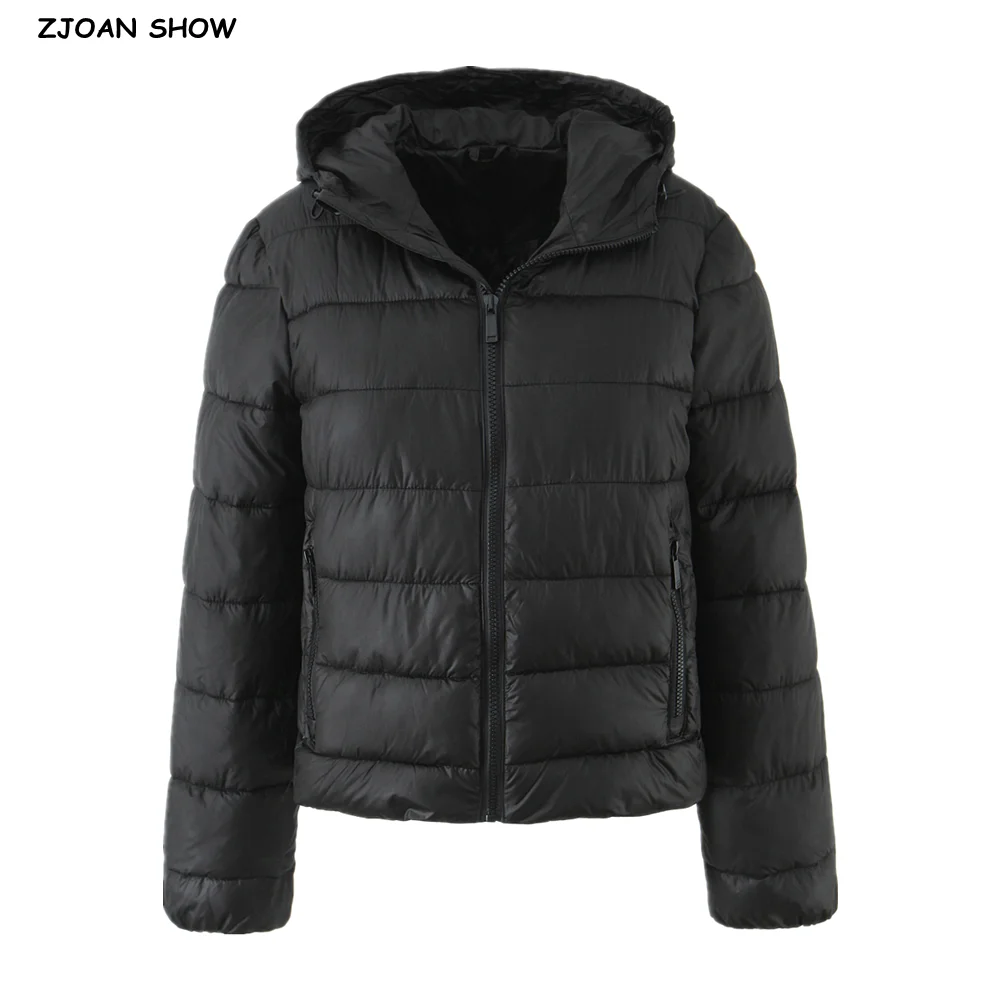 

Новинка 2025 года, зимняя уличная одежда, женское черное пуховое хлопковое пальто с капюшоном на молнии, стеганая парка с длинными рукавами, свободная повседневная верхняя одежда
