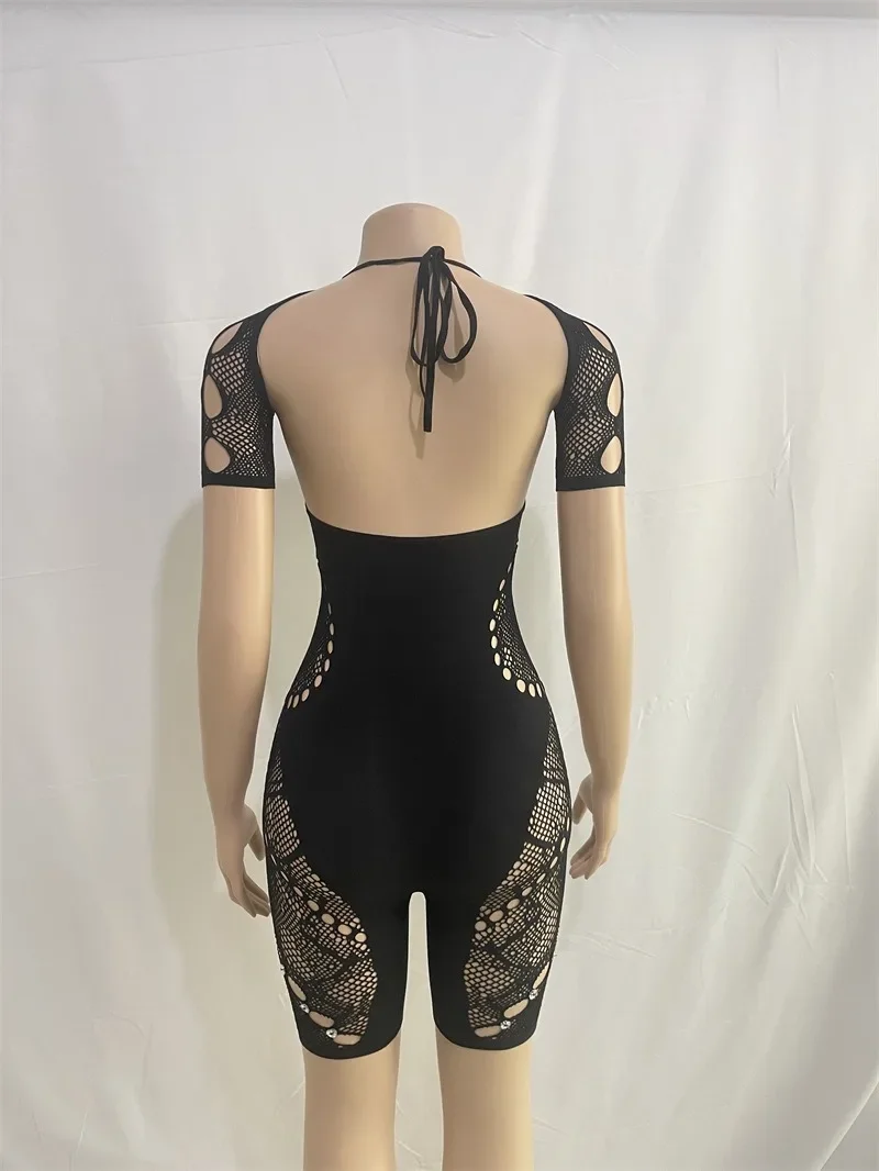 Diamonds Lace Playsuits Women Sexy Hollow Out Jacquard Knitted Bandage Short Sleeve Backless Skinny Club Rompers Streetwear