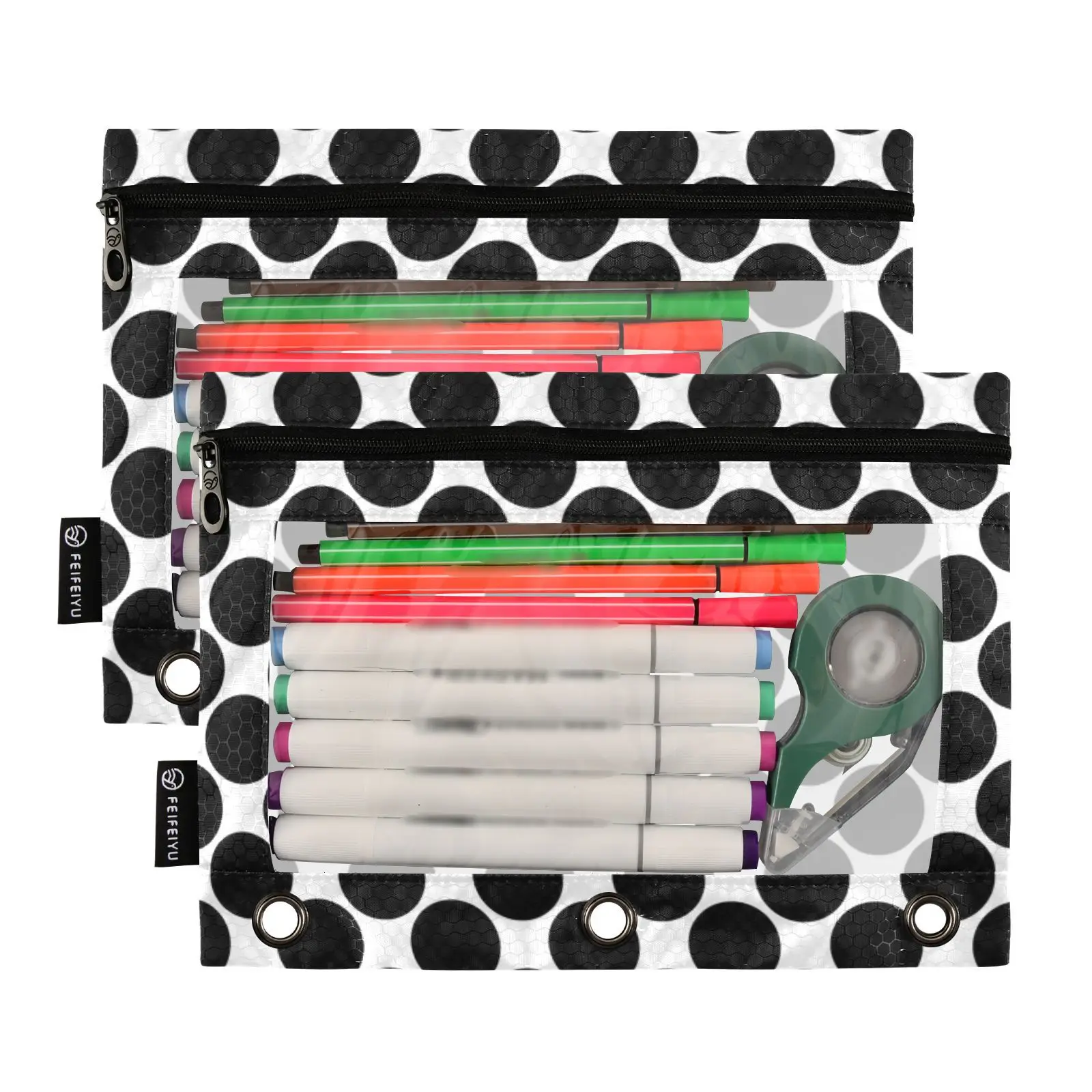 Binder Pouches Zipper Transparent Loose-Leaf Binder Cloth Stationery File Black and white dots Storage Bag Office Storage Box