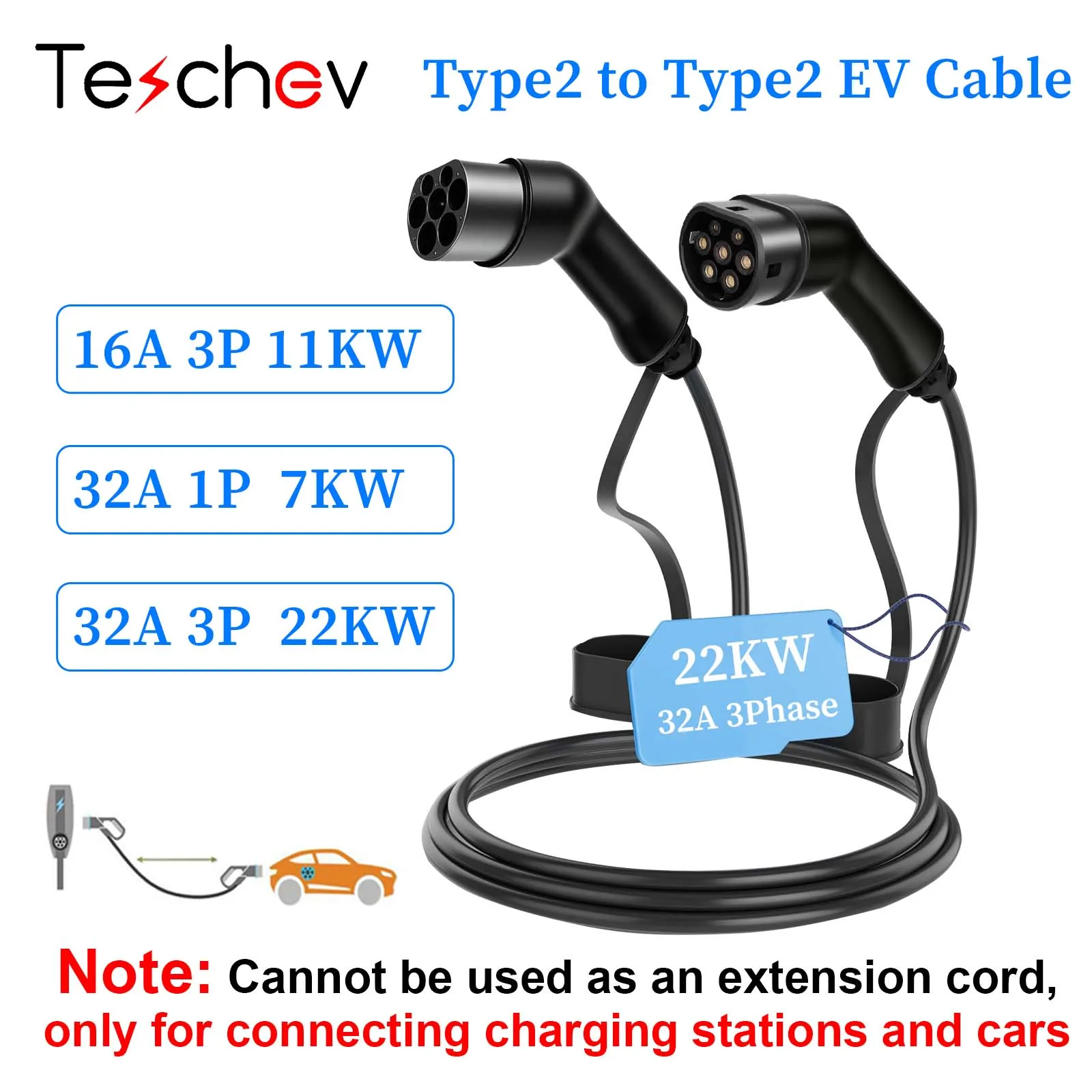 

Teschev 16A/32A Type 2 Charging Cable PHEV Electric Car 7kw/11kW/22kW Hybrid Quick Charging Cable for Type2 Electric Vehicle Car