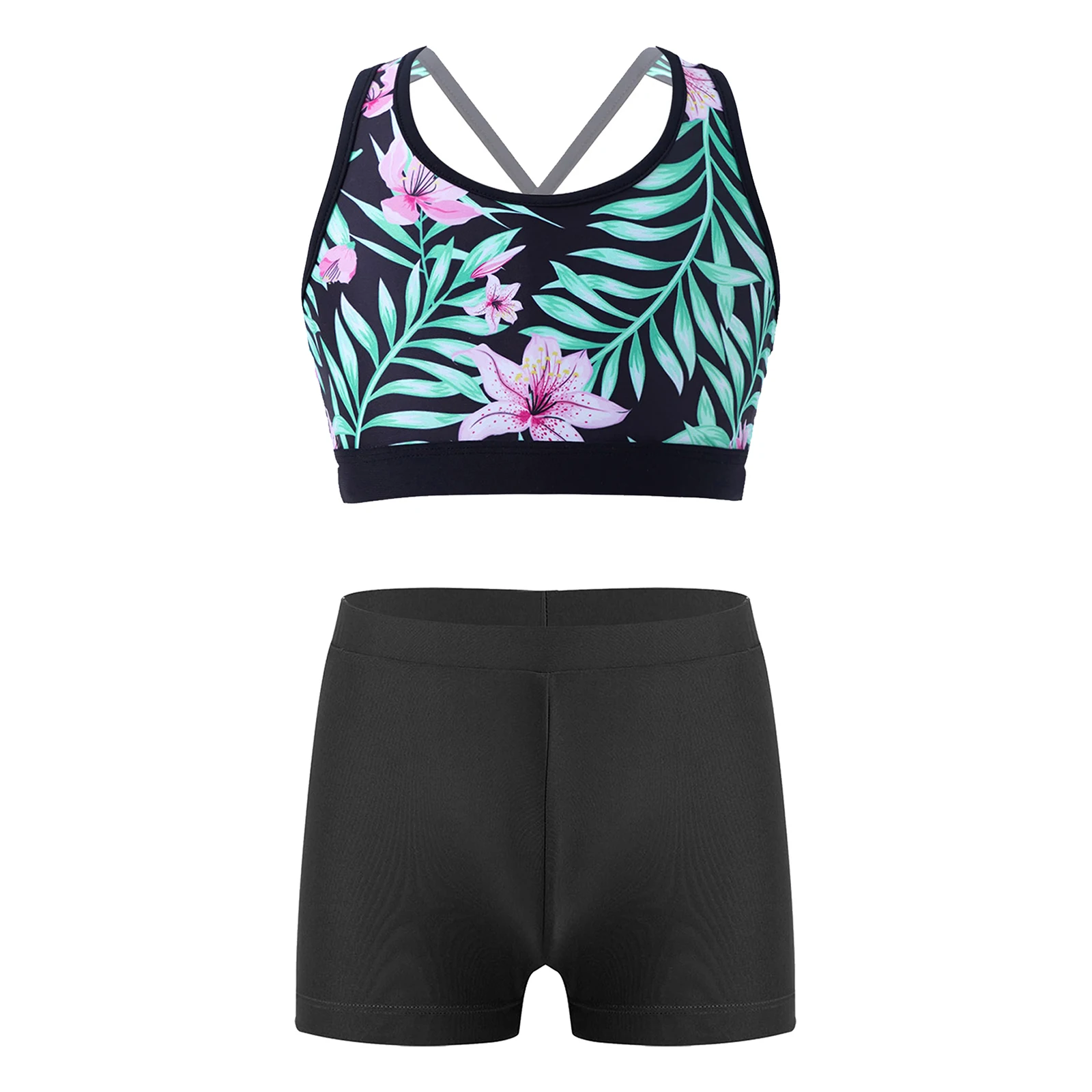 

Kids Girls Stylish Printed Swimwear Set U Neck Strappy Back Crop Top with Elastic Waistband Shorts for Bathing Swimming Holiday