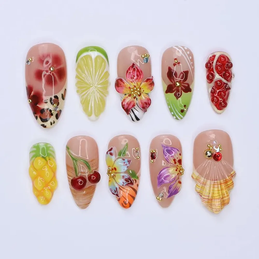 10/30 Uñas Postizas de Verano con Diseño Tropical de Frutales y Estampado de Leopardo, Uñas Postizas con Diseño Floral de Lirios, Cobertura Completa, Acabado Brillante, Forma Almendrada Mediana