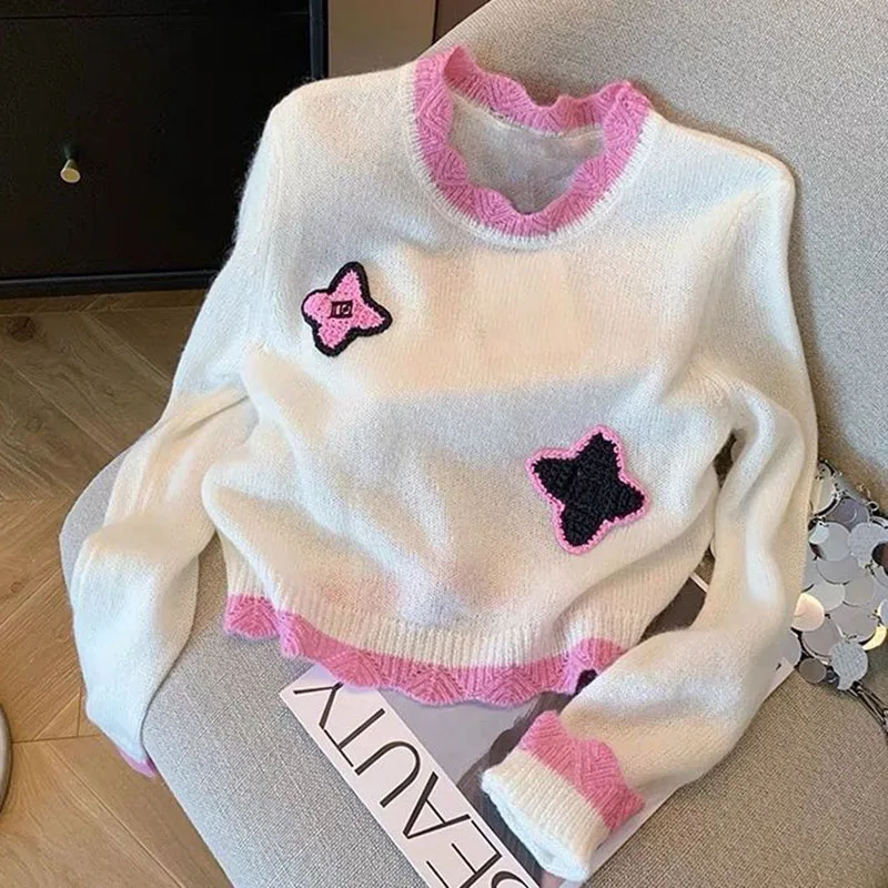 Korean Fashion Embroidery Sweater Pullovers Women Spring Autumn Soft Knitwear Female Jumpers Long Sleeve Casual Woman Sweater