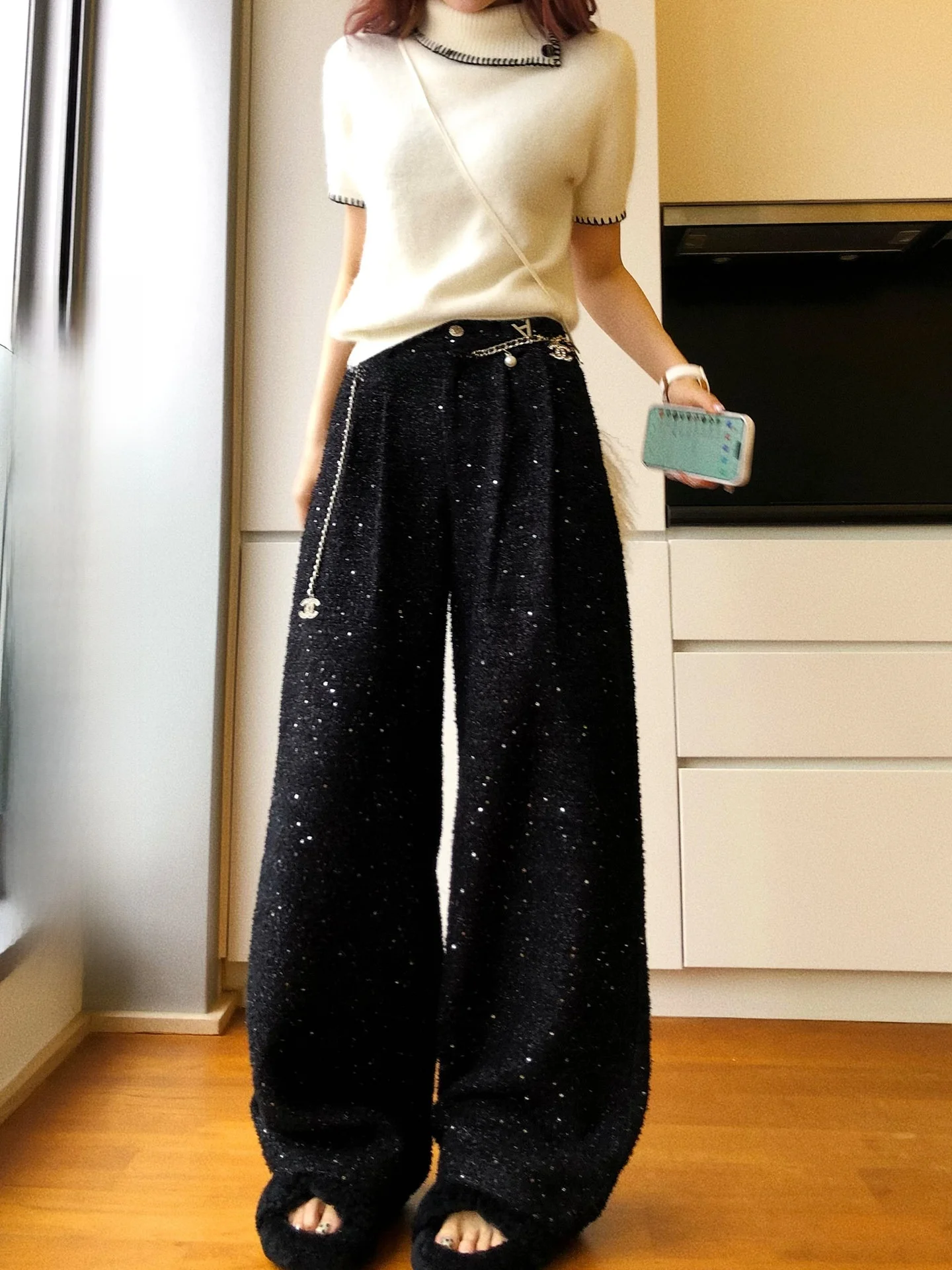 

Elegant Wide Leg Silver Velvet Casual Pants Women's Long Floor-Length Straight Cut Pants Shiny Sequin Decorated