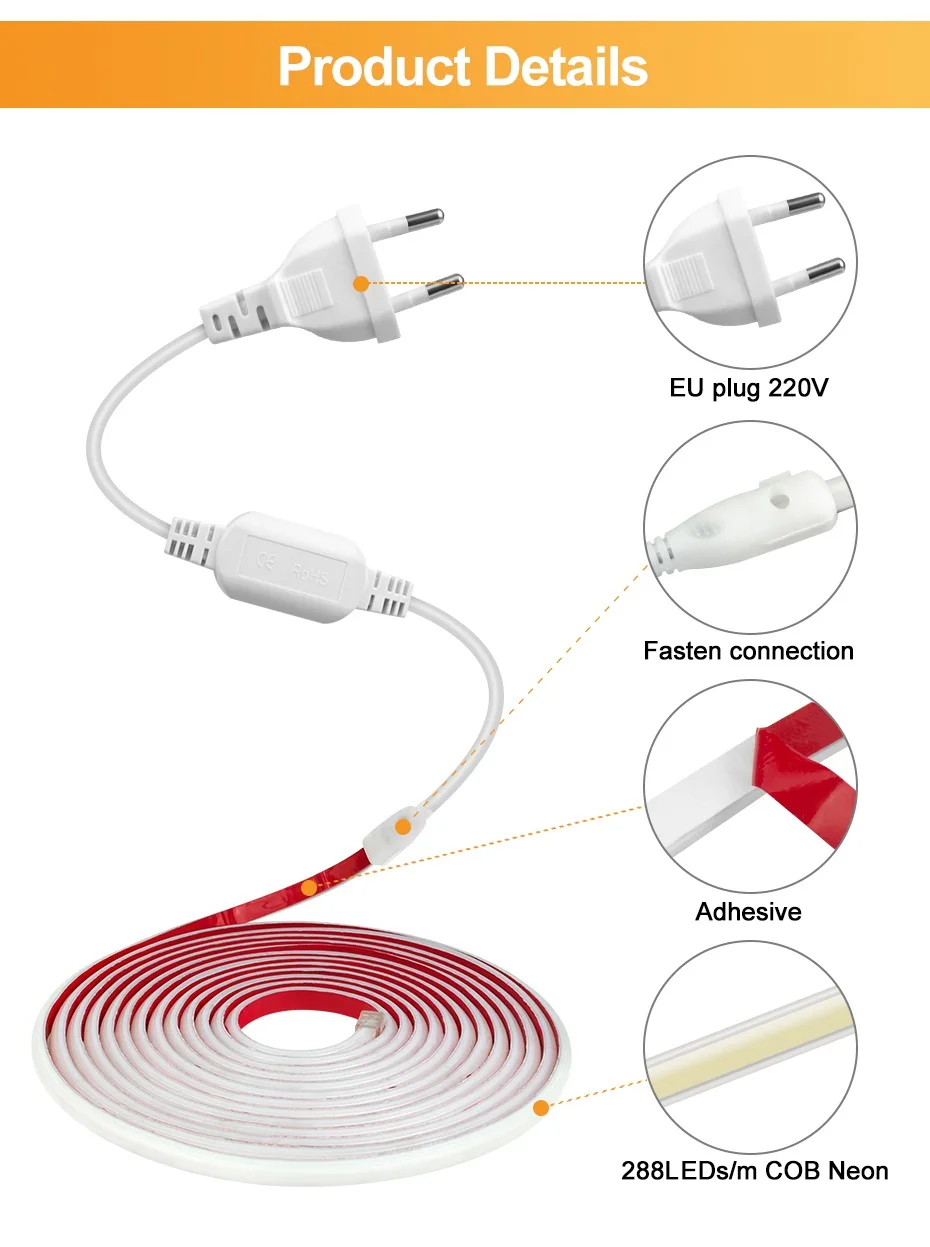 220V COB LED-Streifen 288LEDs/m IP65 Wasserdicht Tuya WiFi Bluetooth-Steuerung Fernbedienung Selbstklebend Flexibles Band mit EU-Stecker Dekoration – Detail 3