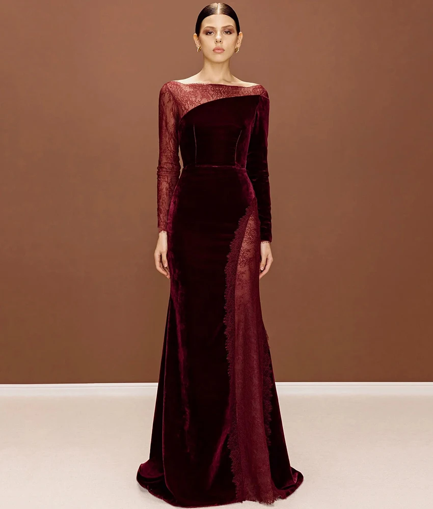 Сексуальное бархатное кружевное вечернее платье русалки по индивидуальному заказу, темпераментное вечернее платье с круглым вырезом и длинными рукавами длиной до пола, индивидуальный размер