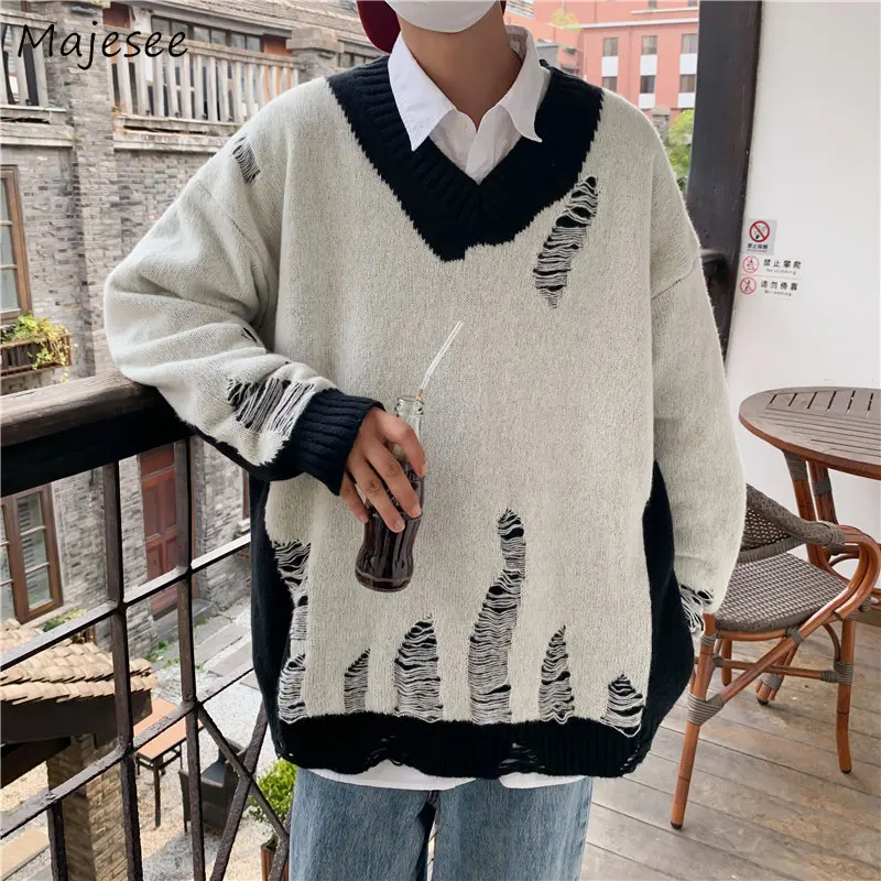 

Sweater Pullovers Men Ripped Clothing Knitwear Teens White Personality High Street Patchwork Harajuku Winter All-match Vitality