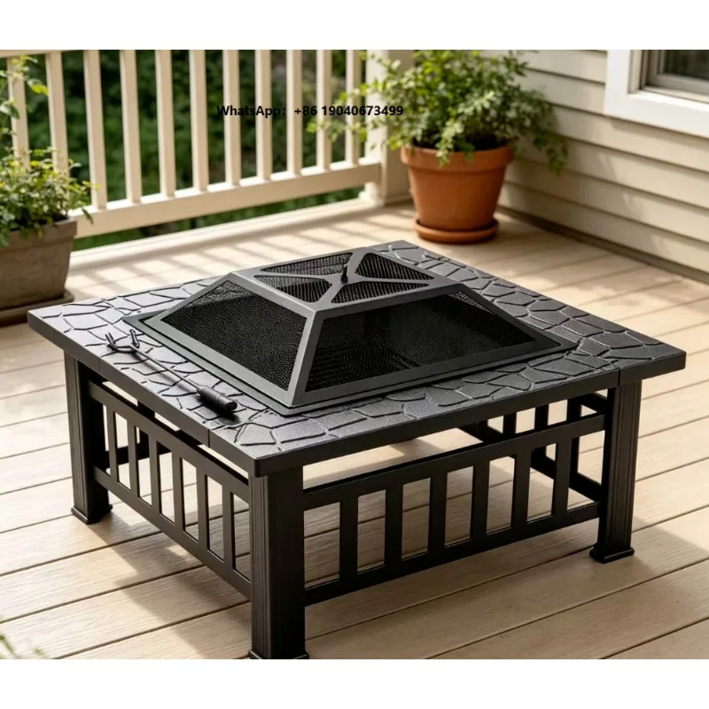 Weather-Resistant Square Corten Steel Fire Pit Table for 3-5 People Touch Control Flame Safety Durable BBQ/Grilling/Camping XH