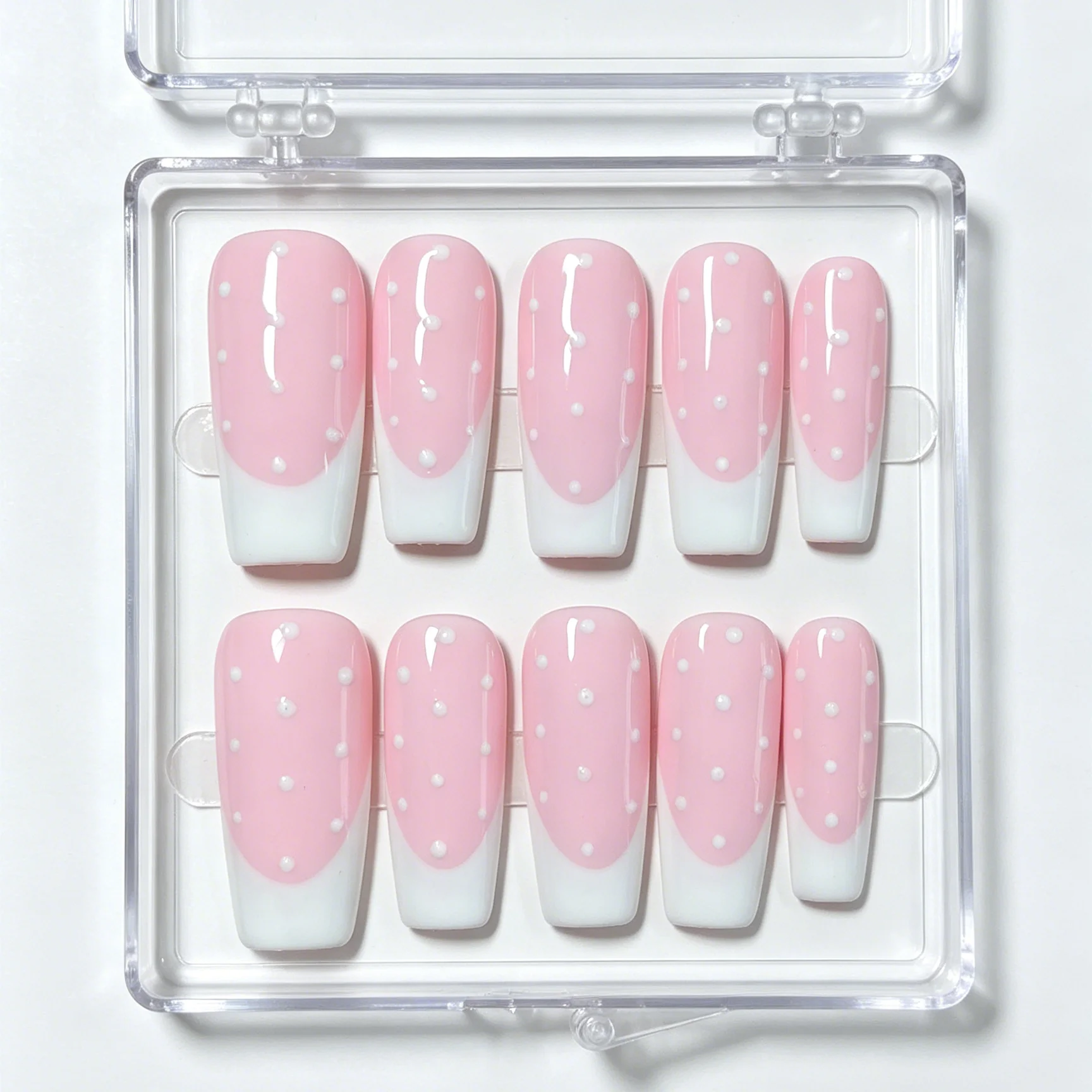 10 Pieces of Hand Pressed Long Trapezoidal Nails, Beautiful Fake Nails, French White Beads Pure Desire, Suitable for Women to Us