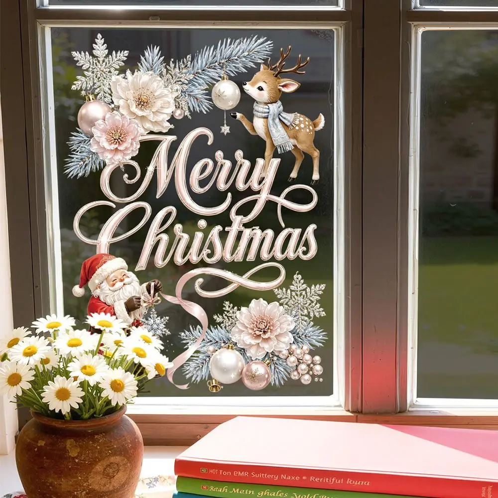 Pink Merry Christmas Window Sticker Static Electrostatic Glass Cling Decals Balloon Flower Cartoon Santa Deer Window Decals