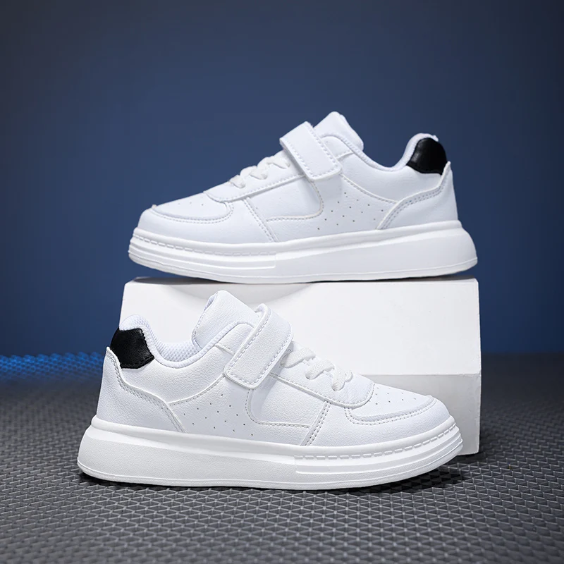 Children's White Shoes Leather Waterproof Low-cut White Sneakers for Middle and Large Children for Boys and Girls