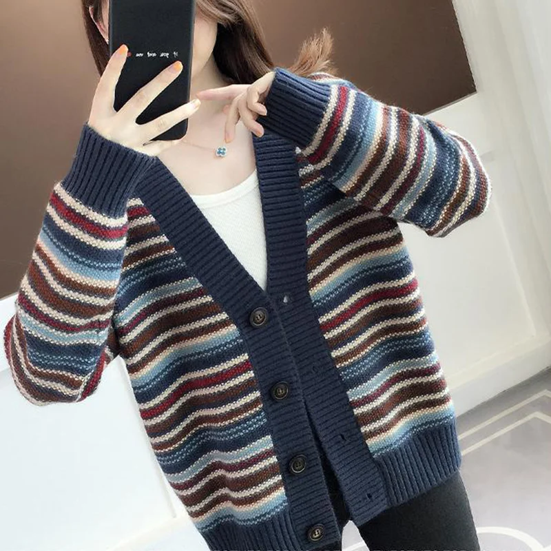 2022 Winter Vintage Striped Loose Casual Sweater Cardigan Ladies Fashion All-match Button Up Top Women Knitting Coat Outwear