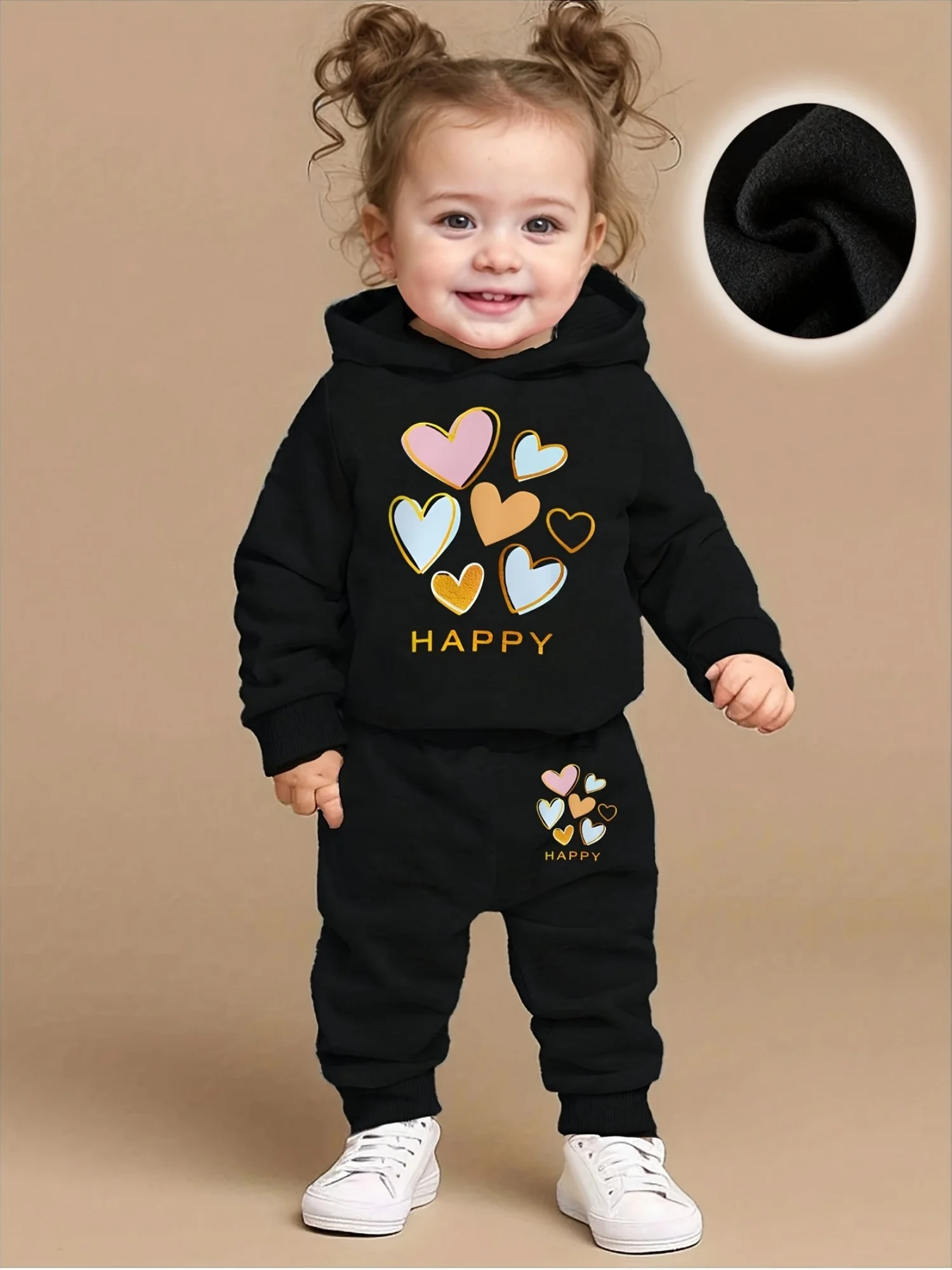 

Весенне-осенний флисовый свитшот с капюшоном и длинными рукавами для маленьких девочек, с буквенным принтом в виде сердца и повседневные штаны, комплект из двух предметов
