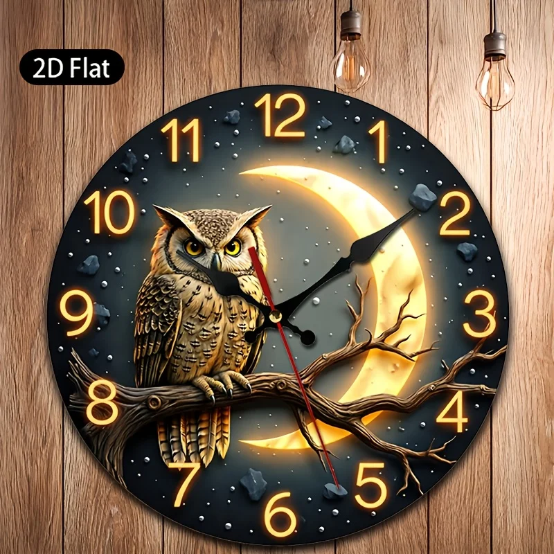 1pc, Two-Dimensional Wall Clock Featuring an Owl Perched on a Branch with a Crescent Moon And Starry Night Design