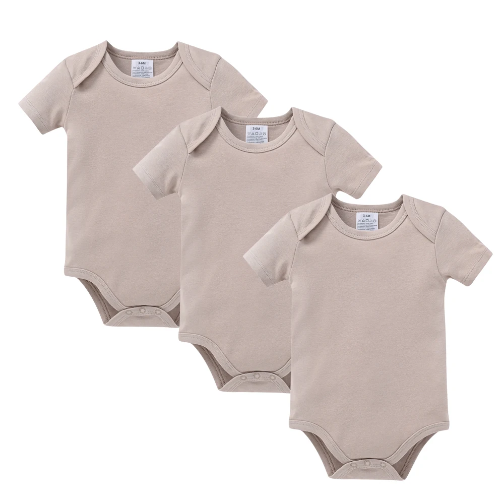 2026 Solid Design Newborn Baby Boy Girl Bodysuit Khaki White 3 Pcs/lot Summer Short Sleeve Cotton Clothes