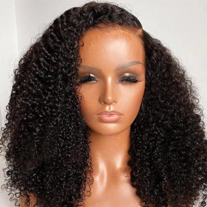 Peluca rizada de encaje frontal para mujer, pelo de bebé largo, 180de densidad, 26 ", suave, Natural, negro, predesplumado, resistente al calor, sin pegamento, diario