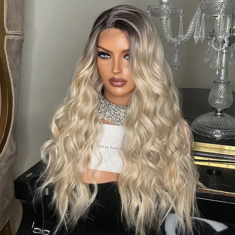

Glueless Wig 13X4 Platinum Blonde Synthetic HD Lace Front Wig Heat Resistant Small Large Size Cap Long Body Wave Wig for Women